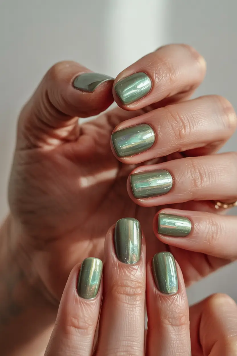 trendy green spring nails 2026 Shimmering Sage Cat Eye Glow