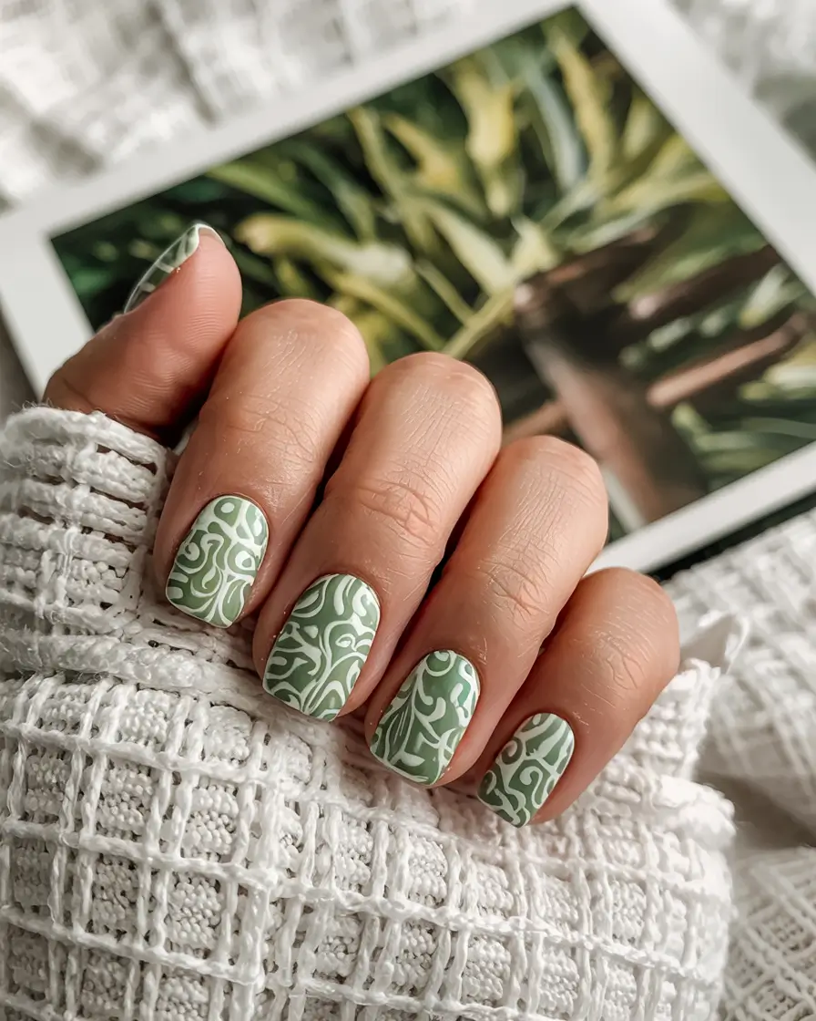 trendy green spring nails 2026 Pastel Sage Abstract Swirl Pattern