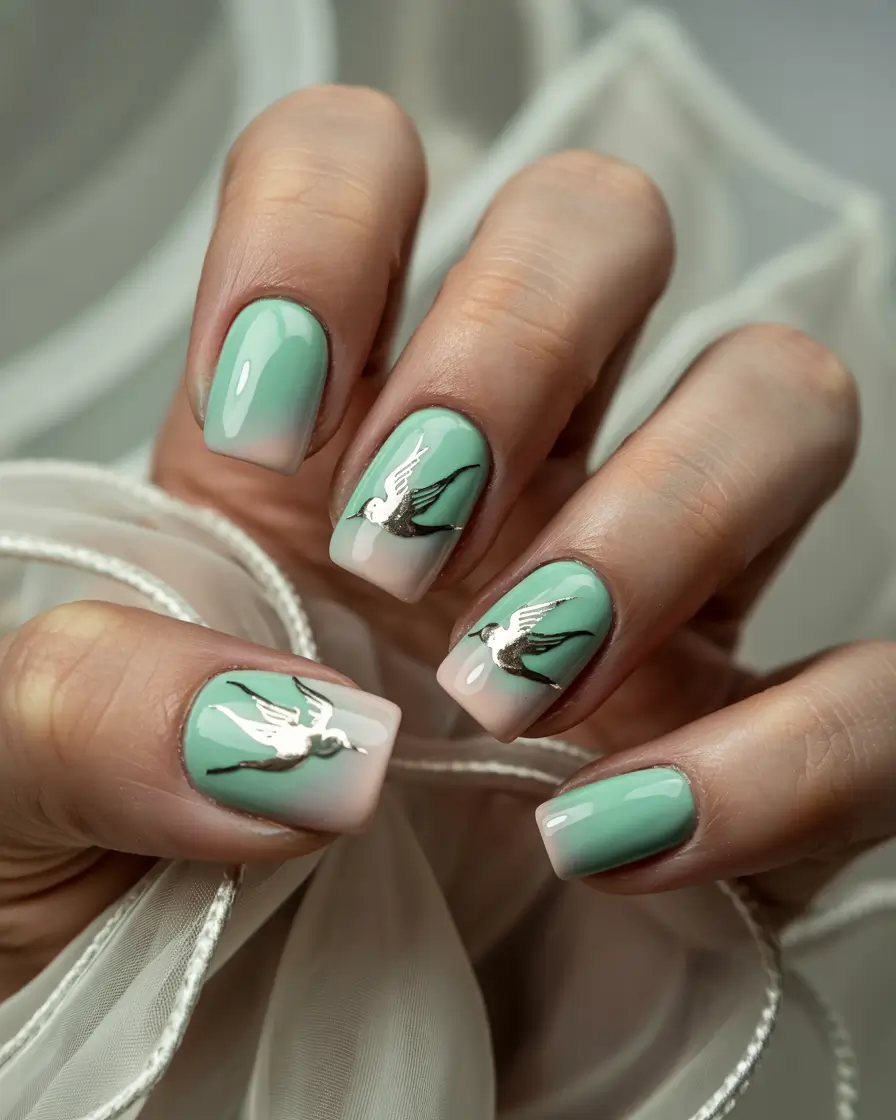 trendy green spring nails 2026 Mint Ombre with Delicate Swallow Art