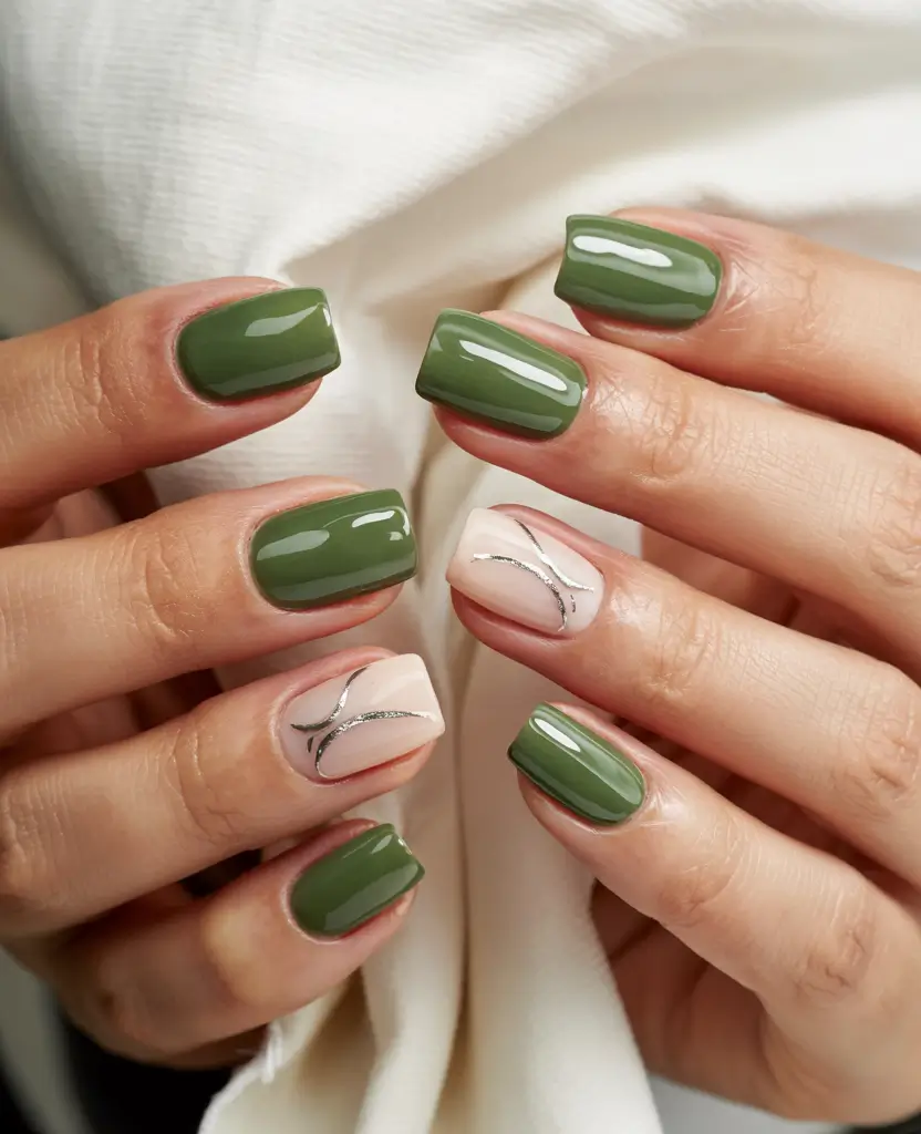 trendy green spring nails 2026 Olive Gloss with Silver Accent Lines