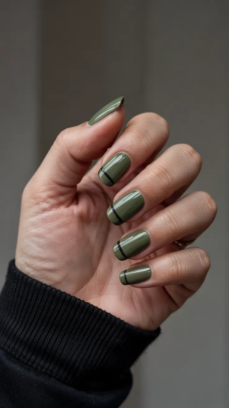 trendy green spring nails 2026 Deep Green Minimal Stripe Detail
