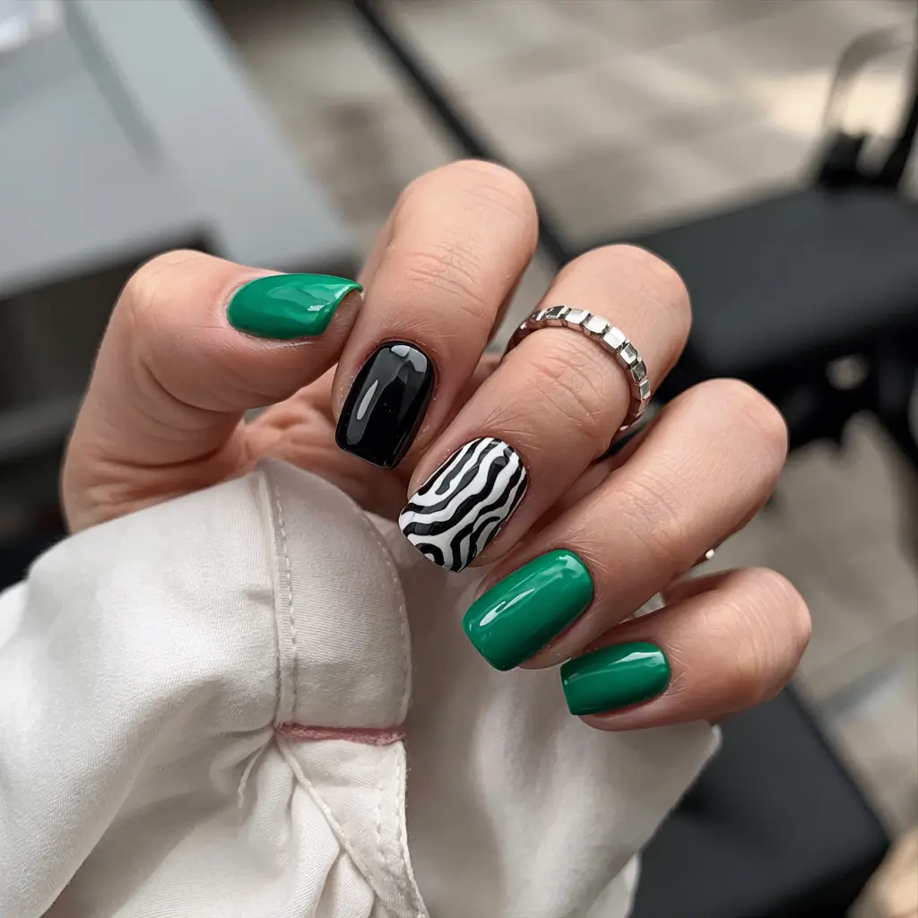 trendy green spring nails 2026 Emerald Square with Zebra Accent Energy