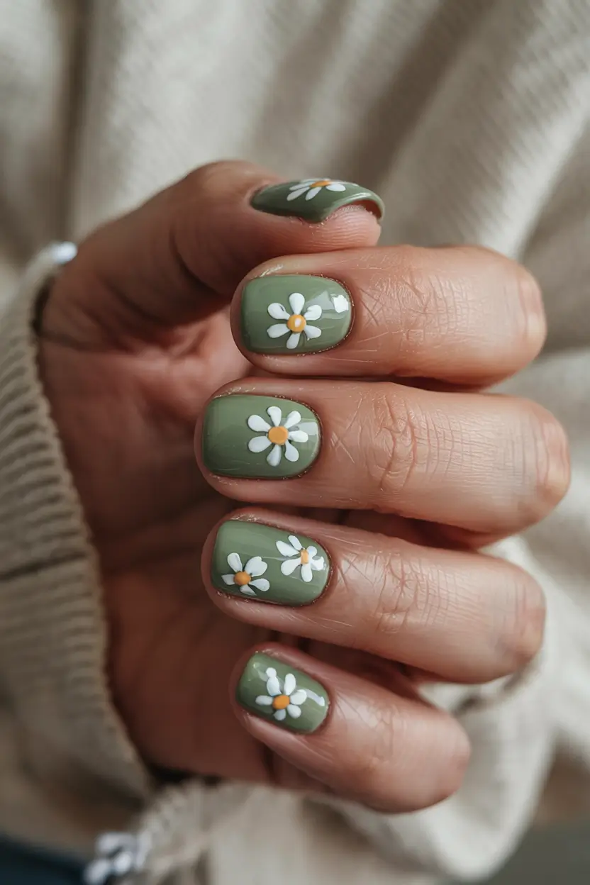 trendy green spring nails 2026 Muted Sage with Classic Daisy Charm