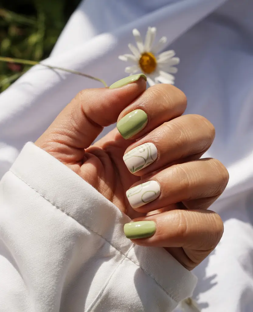 trendy green spring nails 2026 Light Pistachio with Minimal Line Art Accent