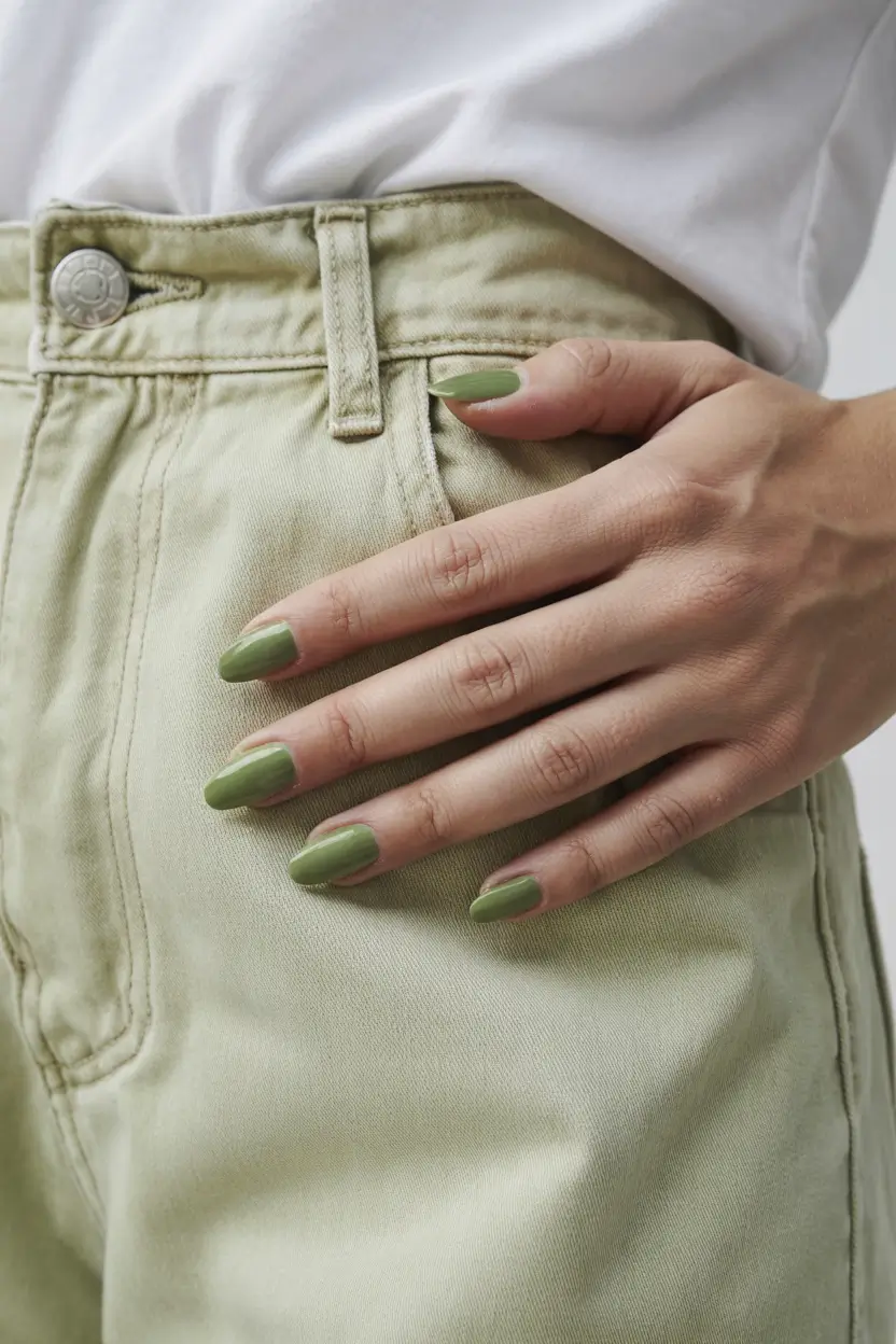 trendy green spring nails 2026 Classic Olive Gloss for Everyday Elegance