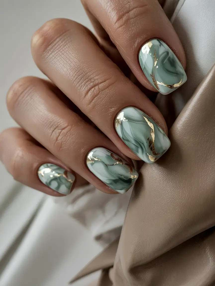 trendy green spring nails 2026 Mint Marble with Gold Veining