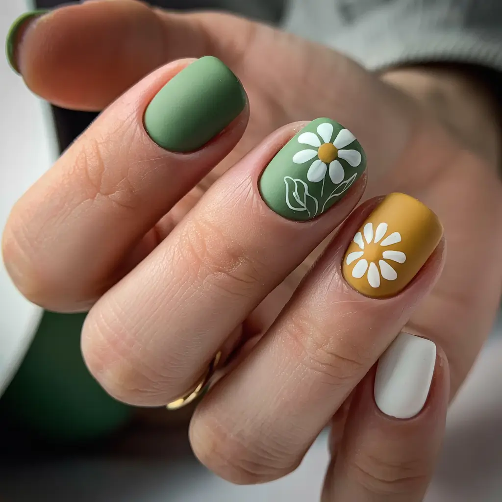 trendy green spring nails 2026 Matte Olive and Daisy Accent Charm