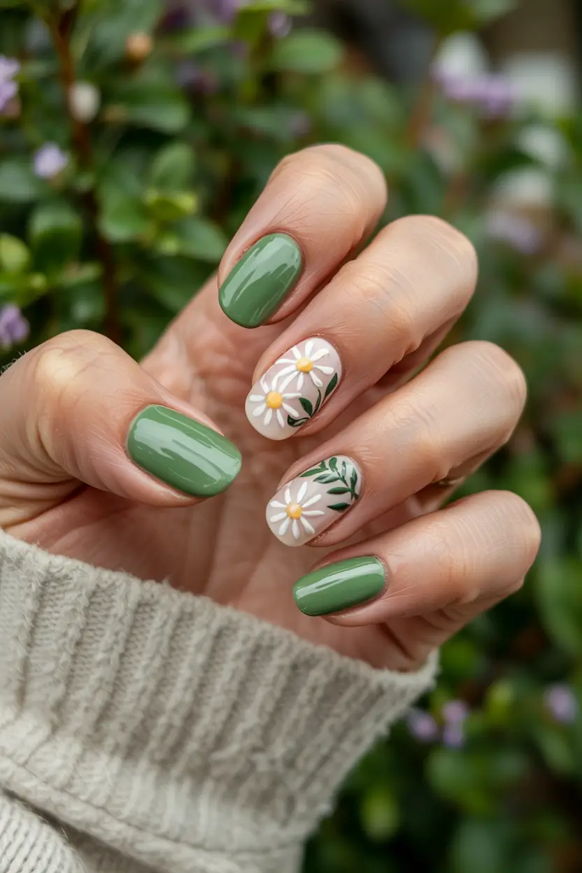 trendy green spring nails 2026 Glossy Sage Floral Accent with Natural Base