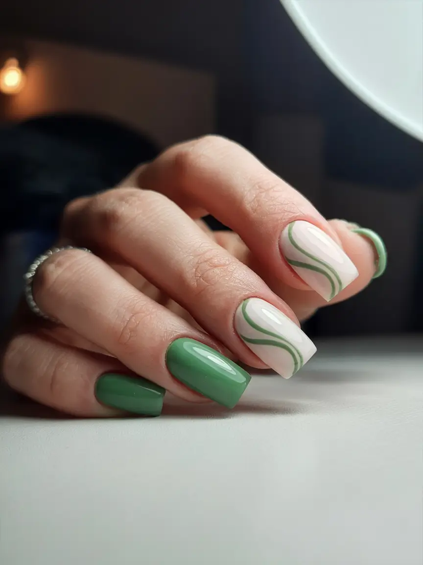 trendy green spring nails 2026 Glossy Sage Waves on Modern Square