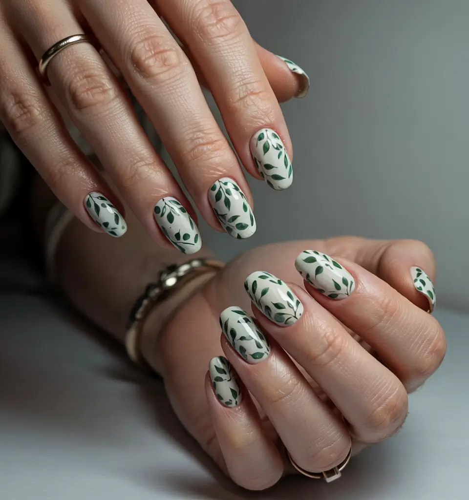 trendy green spring nails 2026 Soft Ivory with Delicate Green Leaf Pattern