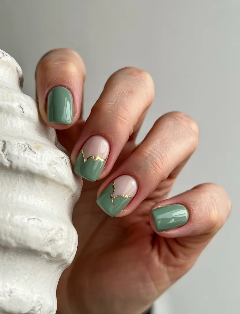 trendy green spring nails 2026 Short Sage with Gold Accent Line Detail