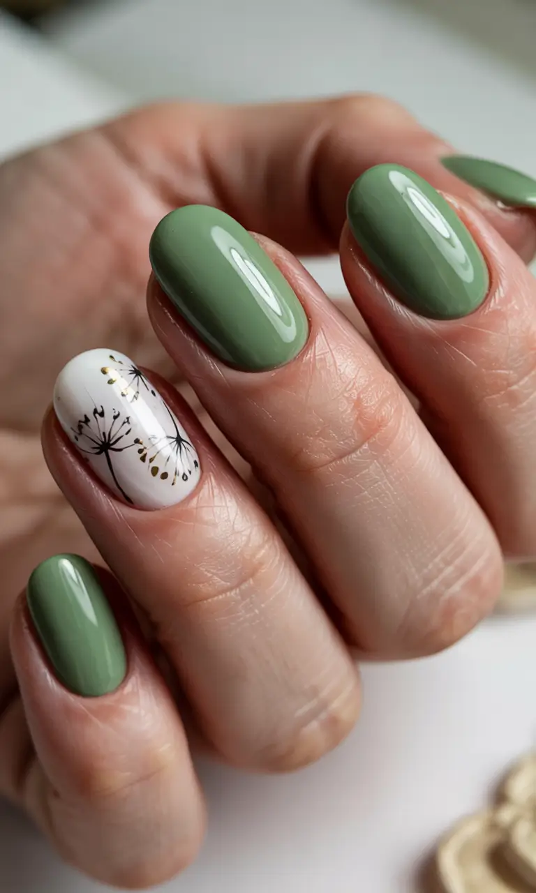 trendy green spring nails 2026 Olive Gloss with Minimal Dandelion Accent