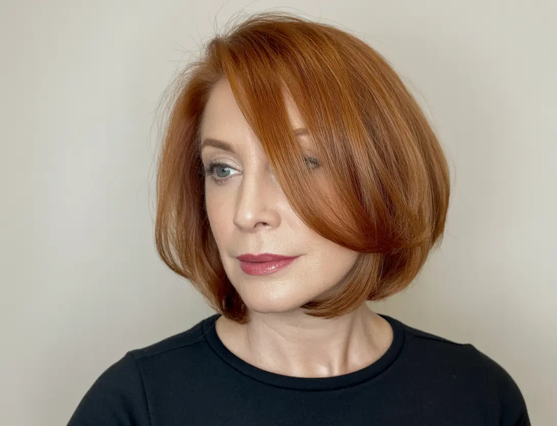 trendy spring haircuts for women over 40 2026 Glossy Auburn Rounded Bob with Side Volume