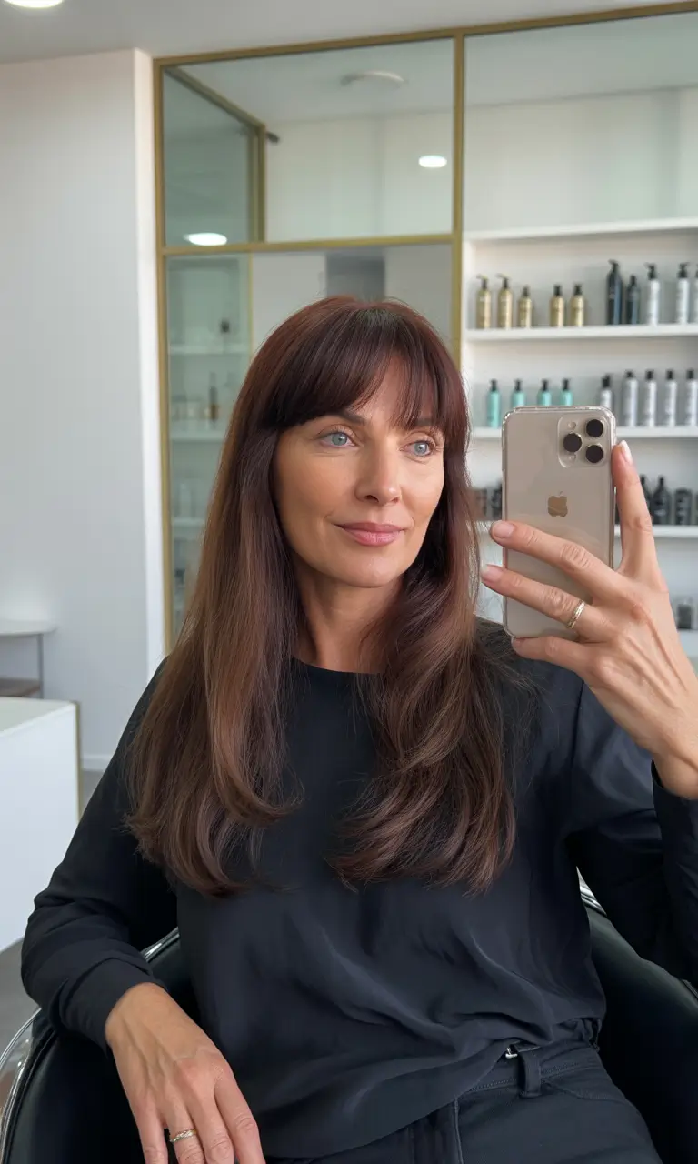 trendy spring haircuts for women over 40 2026 Long Brunette Layers with Soft Full Bangs