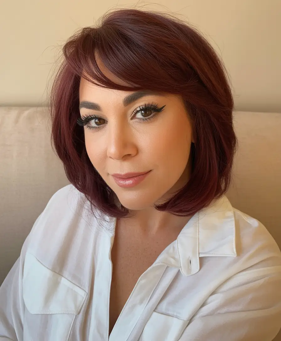 trendy spring haircuts for women over 40 2026 Textured Burgundy Layered Bob with Side Fringe