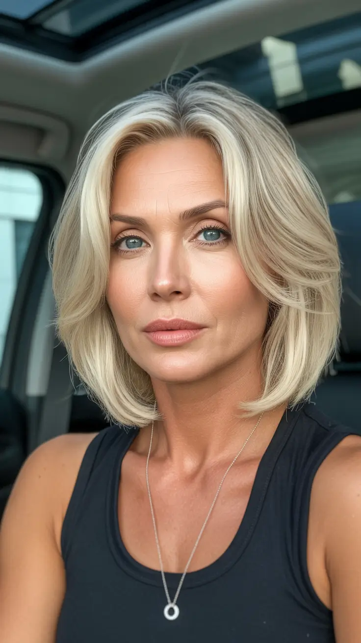 trendy spring haircuts for women over 40 2026 Feathered Platinum Mid Length Layers