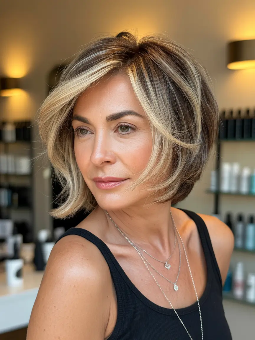trendy spring haircuts for women over 40 2026 Layered Blonde Bob with Face Framing Highlights