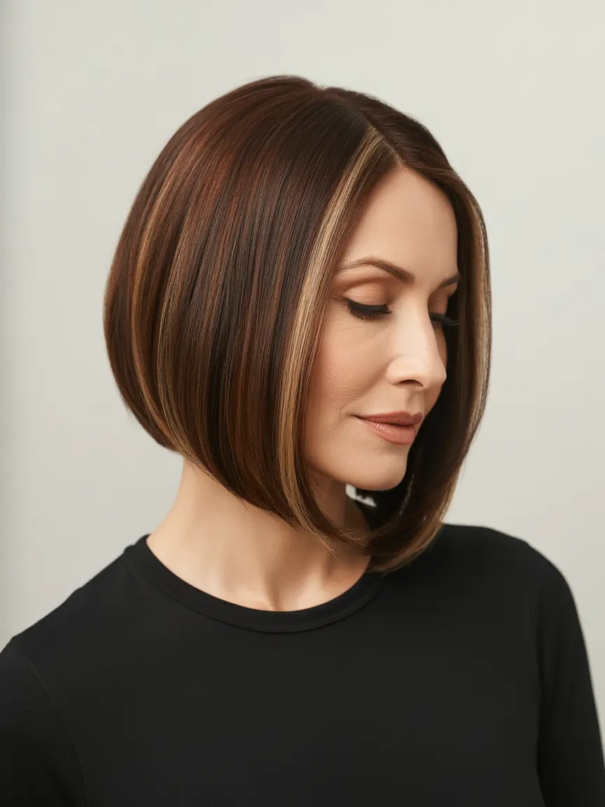 trendy spring haircuts for women over 40 2026 Sleek Brunette Angled Bob with Subtle Highlights