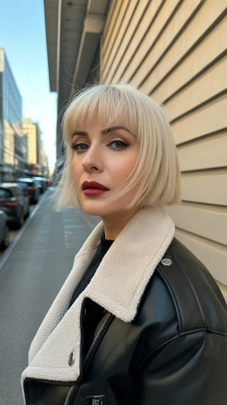 trendy spring haircuts for women over 40 2026 Platinum French Bob with Blunt Fringe