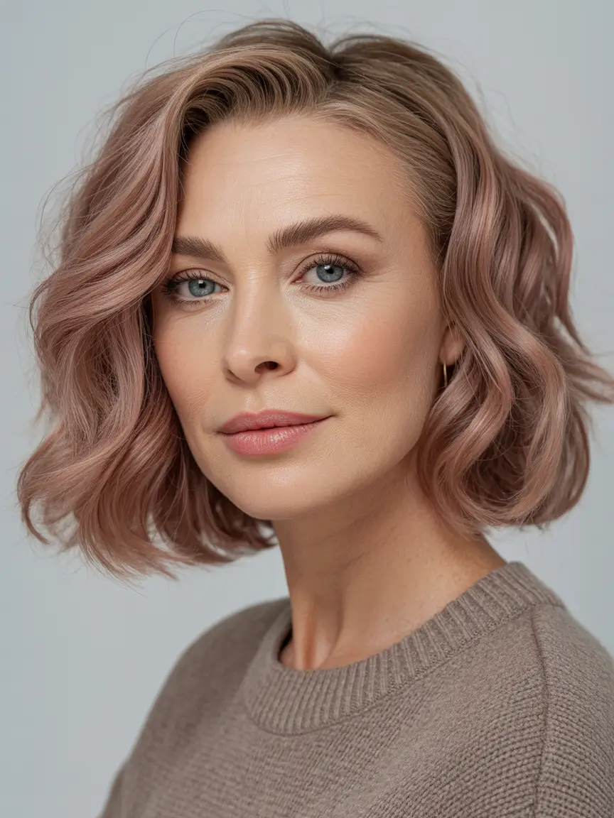 trendy spring haircuts for women over 40 2026 Soft Wavy Rose Gold Lob