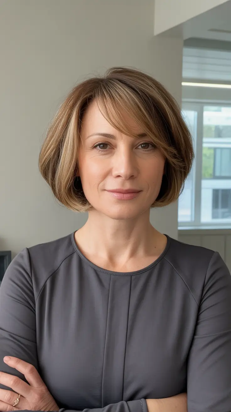 trendy spring haircuts for women over 40 2026 Soft Layered Short Bob with Side Swept Bangs