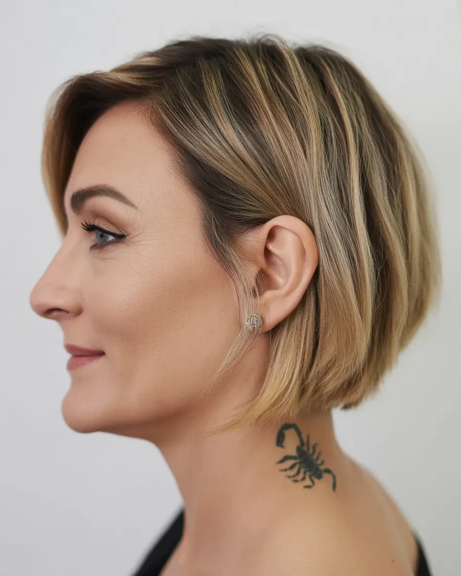trendy spring haircuts for women over 40 2026 Modern Blonde Tapered Bob with Subtle Undercut