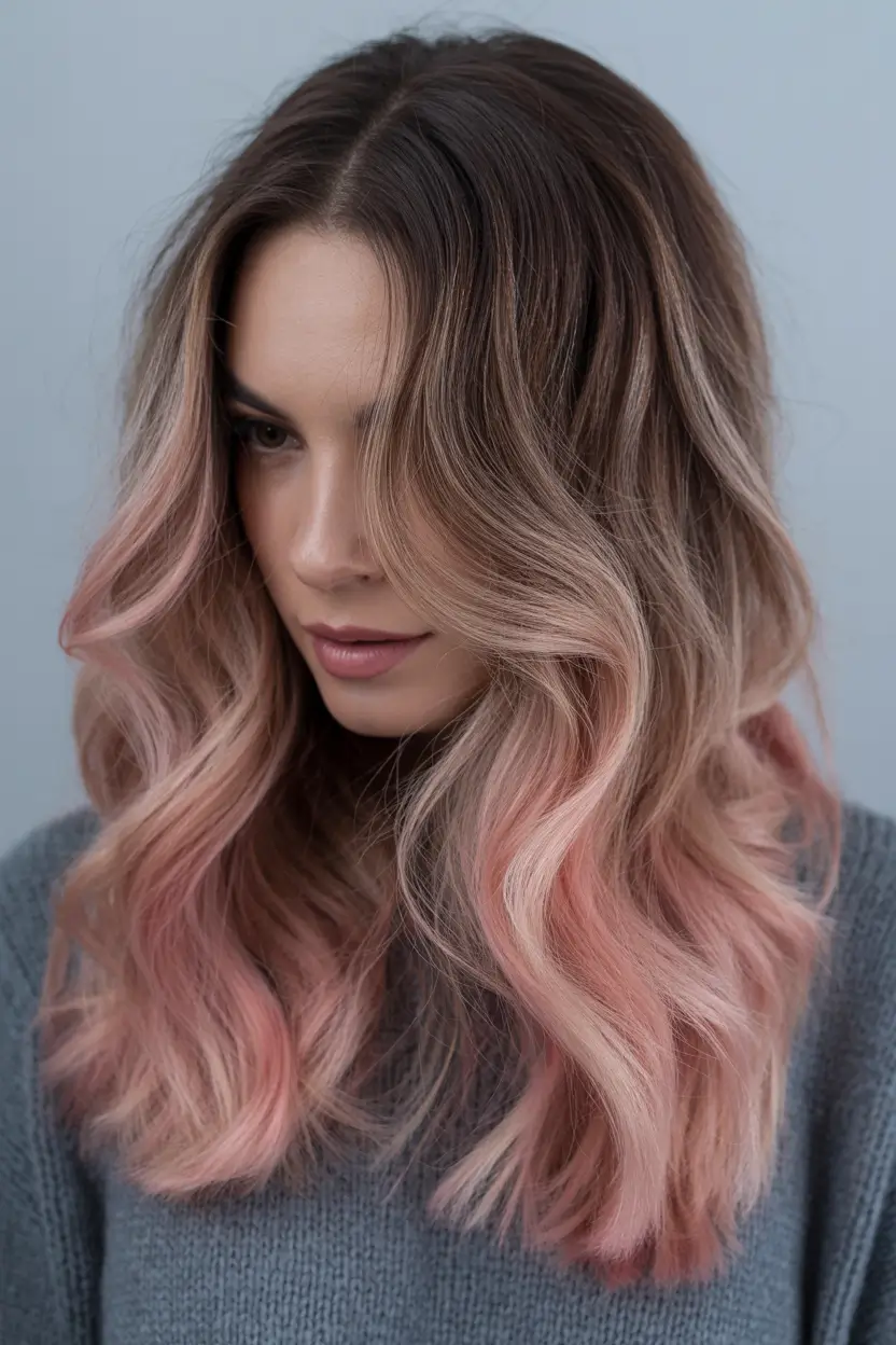 vibrant spring brown hair color 2026 Pastel rose kissed brunette with soft spring fantasy
