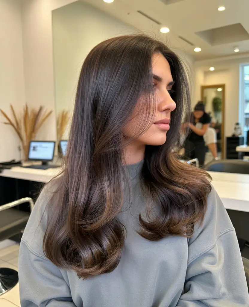 vibrant spring brown hair color 2026 Deep brunette shine with airy spring face framing layers