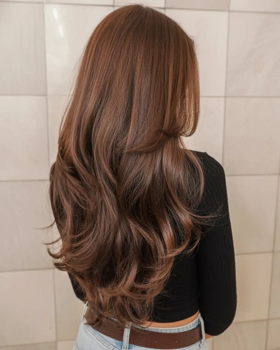 vibrant spring brown hair color 2026 Soft chestnut brunette with feathered spring layers