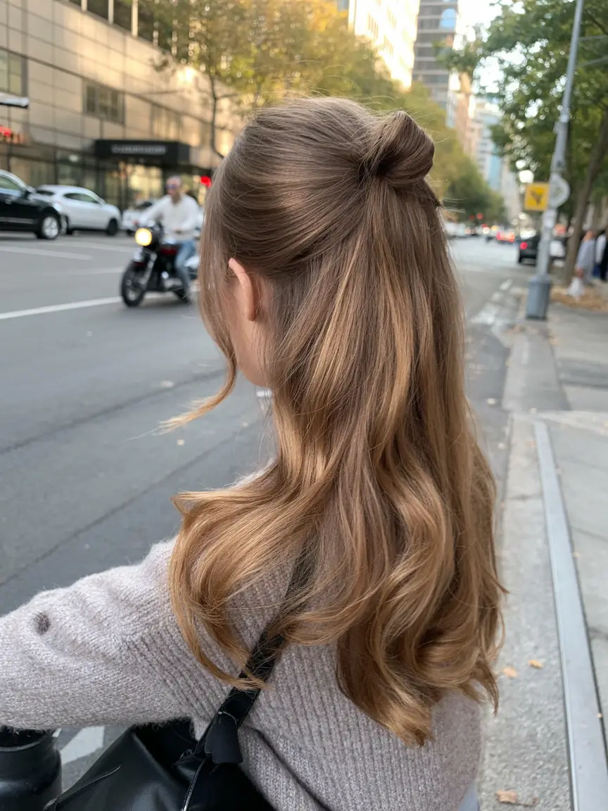 vibrant spring brown hair color 2026 Soft half up twist with gentle golden brown radiance