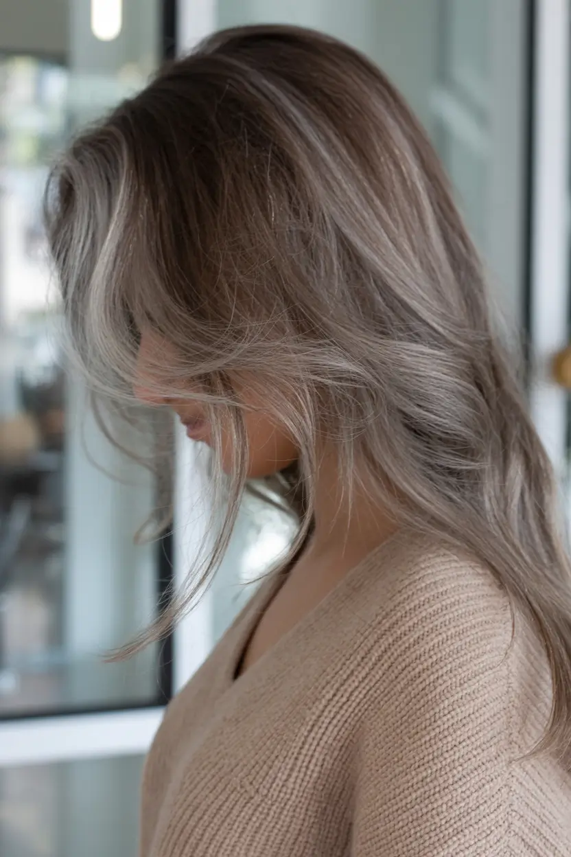 vibrant spring brown hair color 2026 Cool mushroom brown with soft layered framing