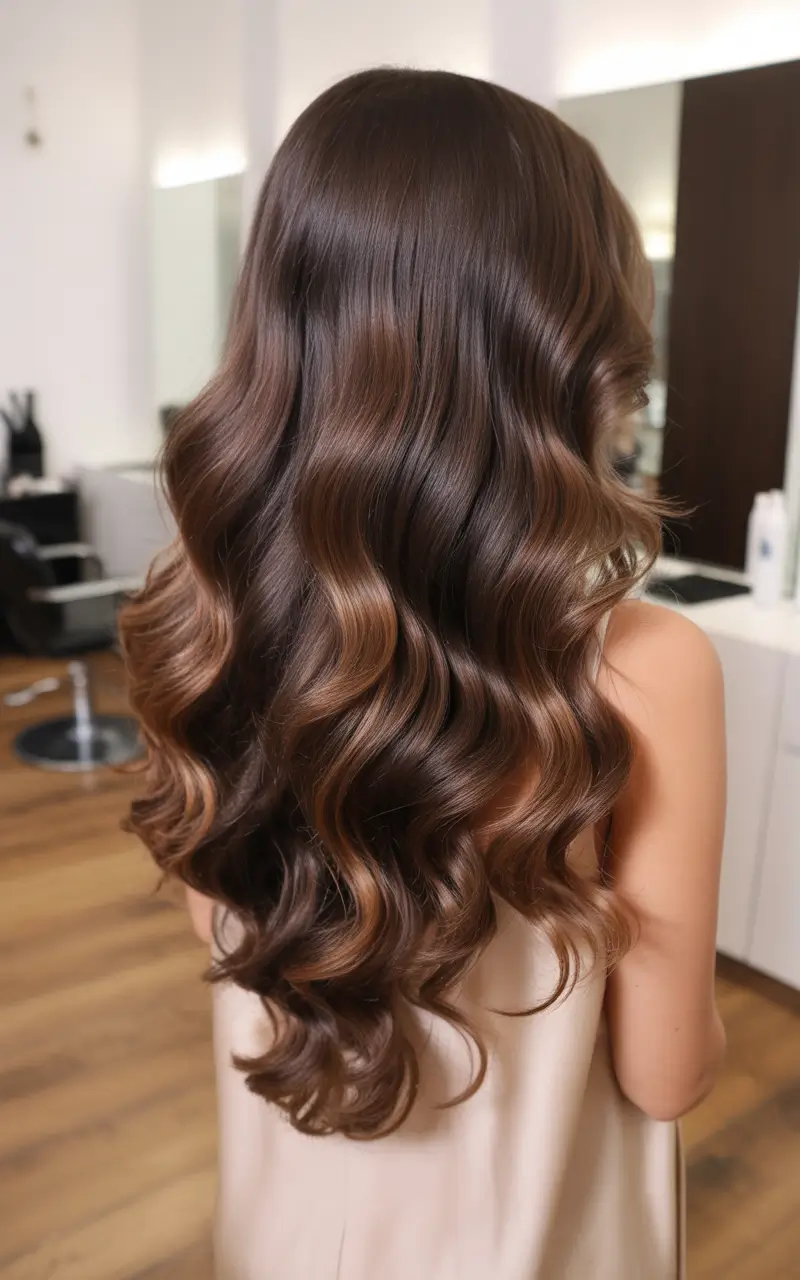 vibrant spring brunette hair color 2026 Soft waves with warm dimensional brunette