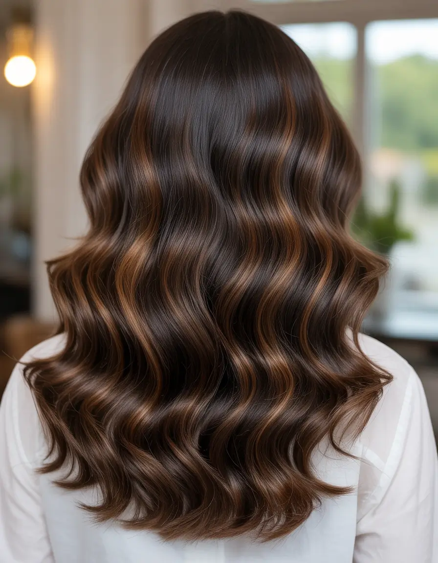 vibrant spring brunette hair color 2026 Glossy brunette waves with caramel threading