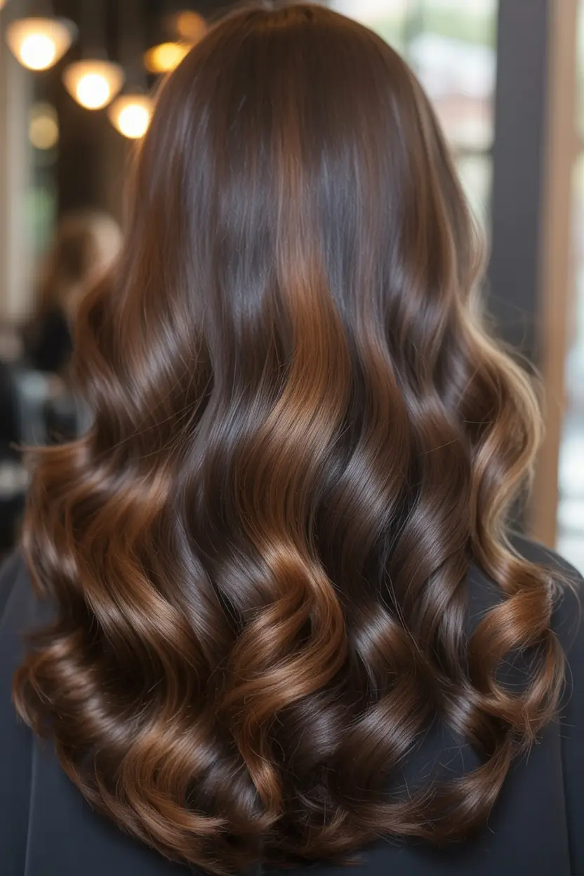 vibrant spring brunette hair color 2026 Deep brunette waves with soft molten warmth