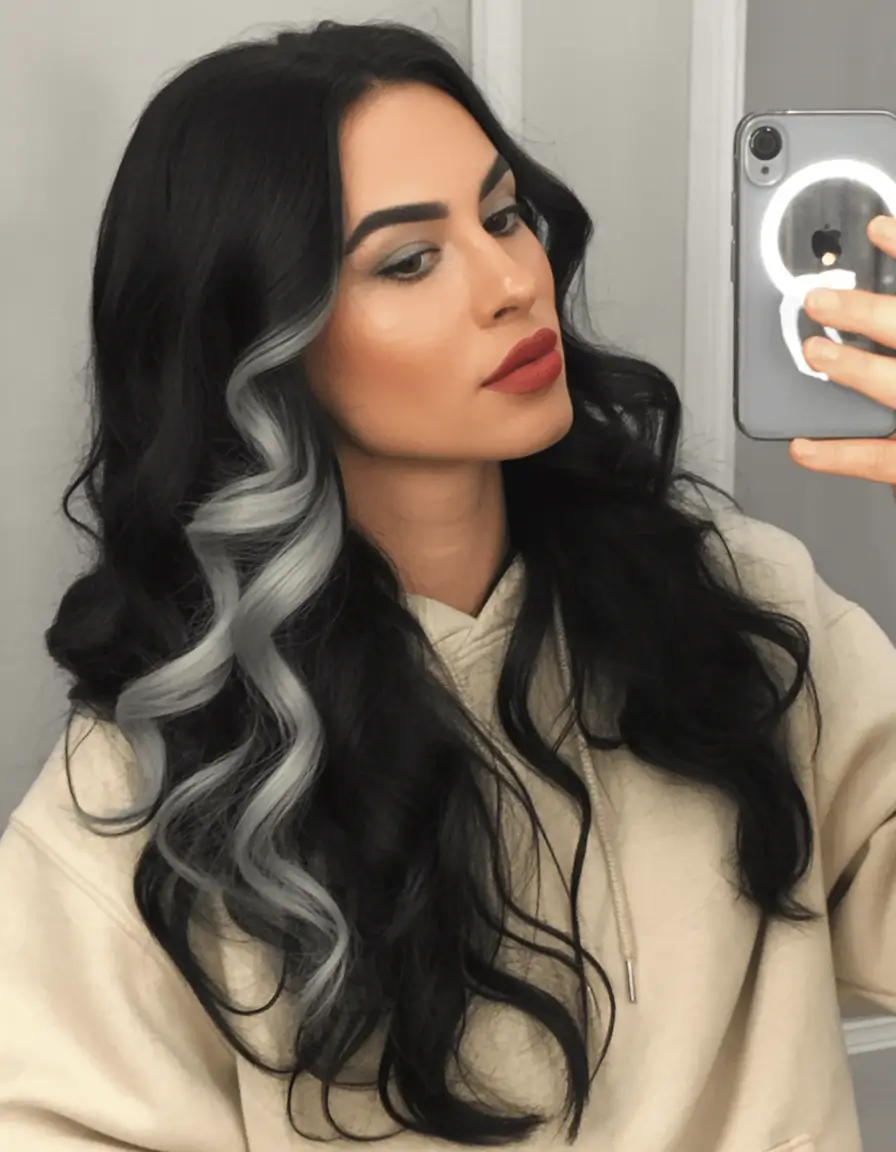 vibrant spring brunette hair color 2026 Dark brunette waves with bold icy ribbon