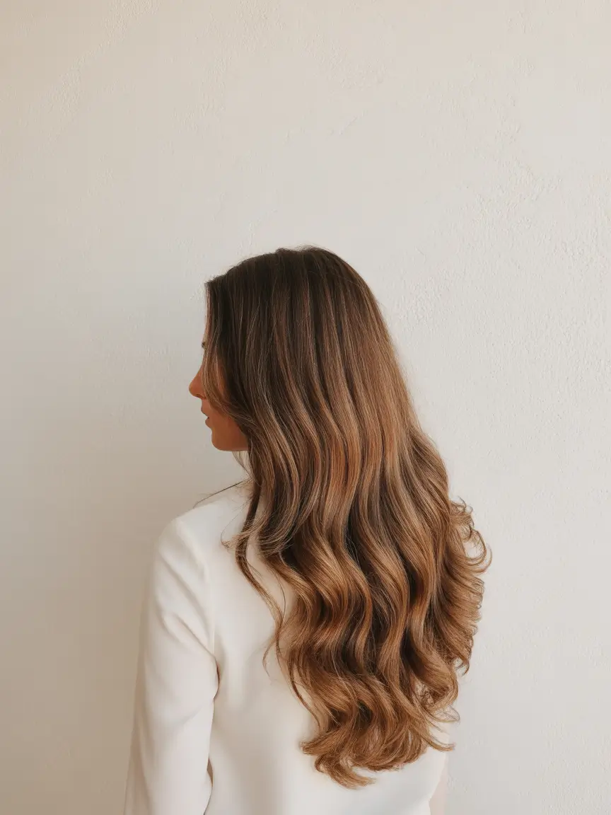 vibrant spring brunette hair color 2026 Golden brunette waves with soft sunlit warmth