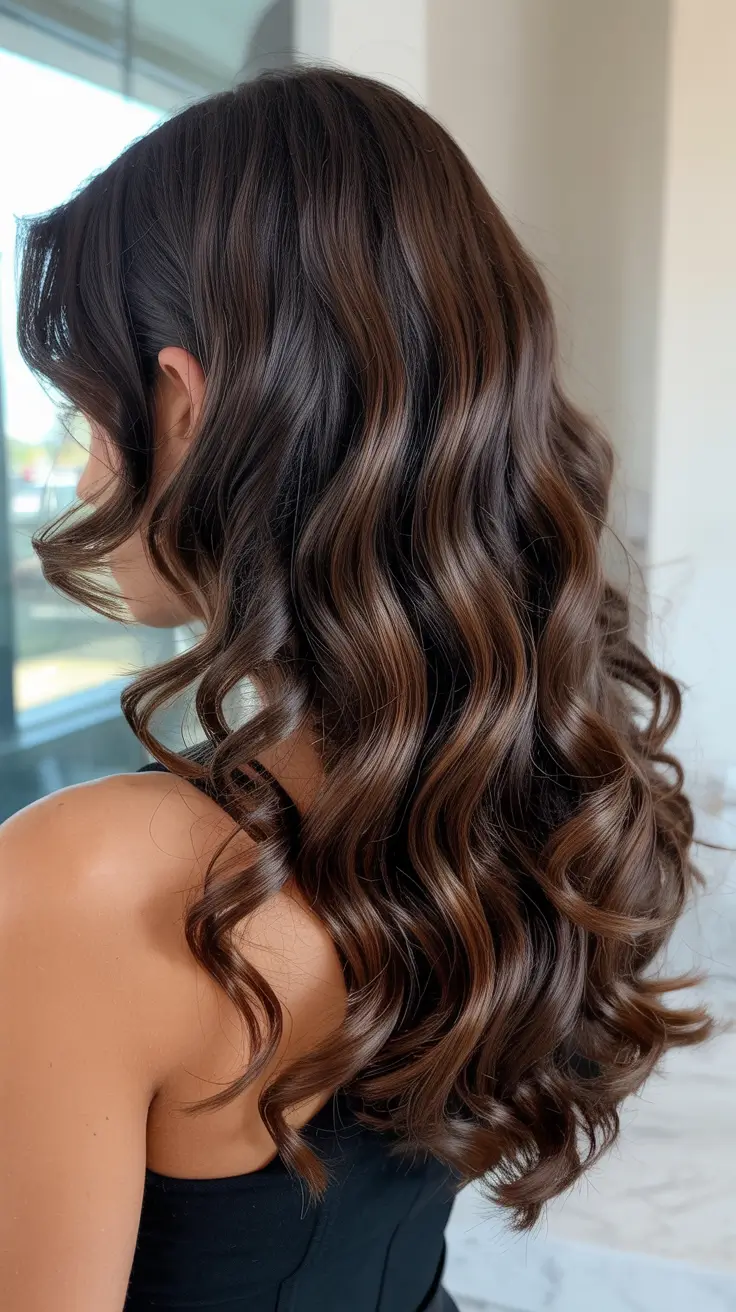 vibrant spring brunette hair color 2026 Deep brunette curls with subtle warm ribbons