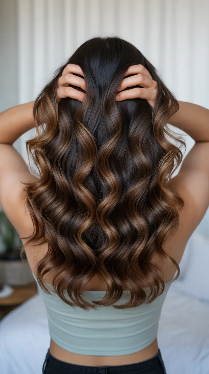 vibrant spring brunette hair color 2026 Balanced brunette waves with caramel reflect