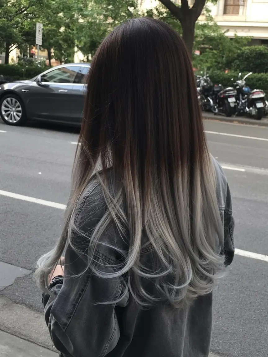 vibrant spring brunette hair color 2026 Cool smoky melt blending brunette into silver grey