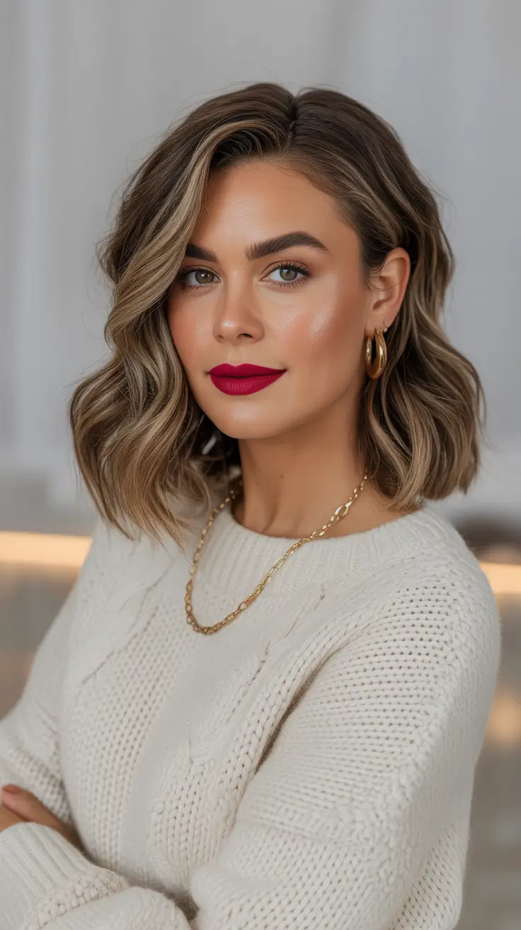 vibrant spring brunette hair color 2026 Textured brunette lob with smoky blonde dimension