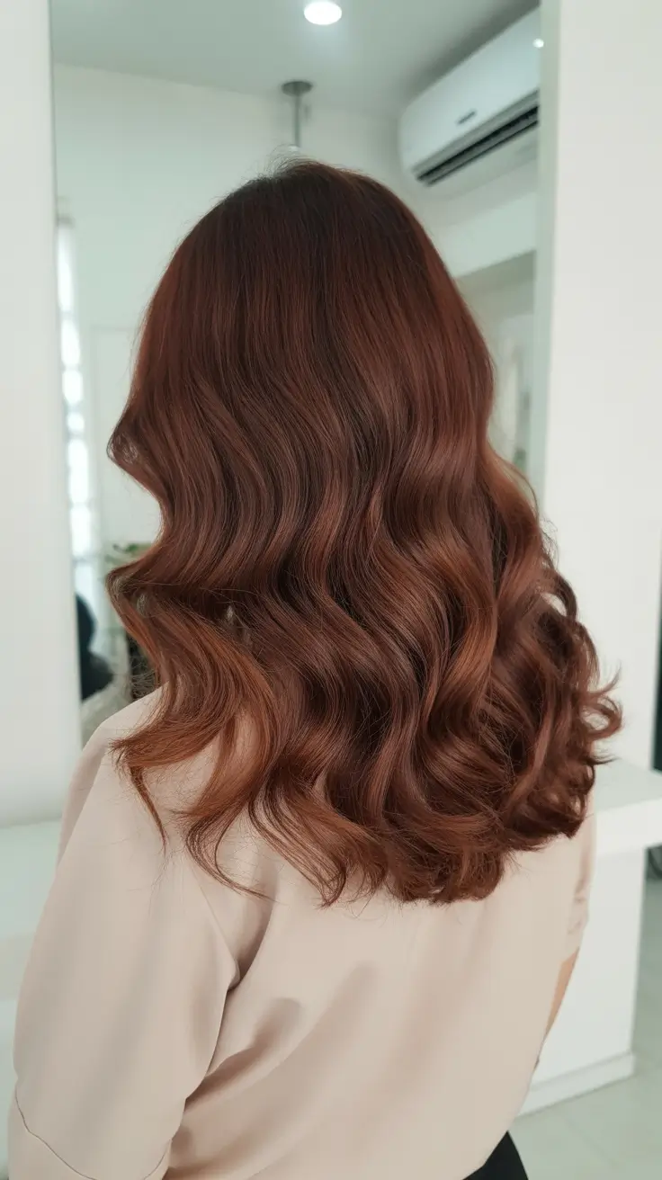 vibrant spring brunette hair color 2026 Rich copper brunette waves with velvety warmth