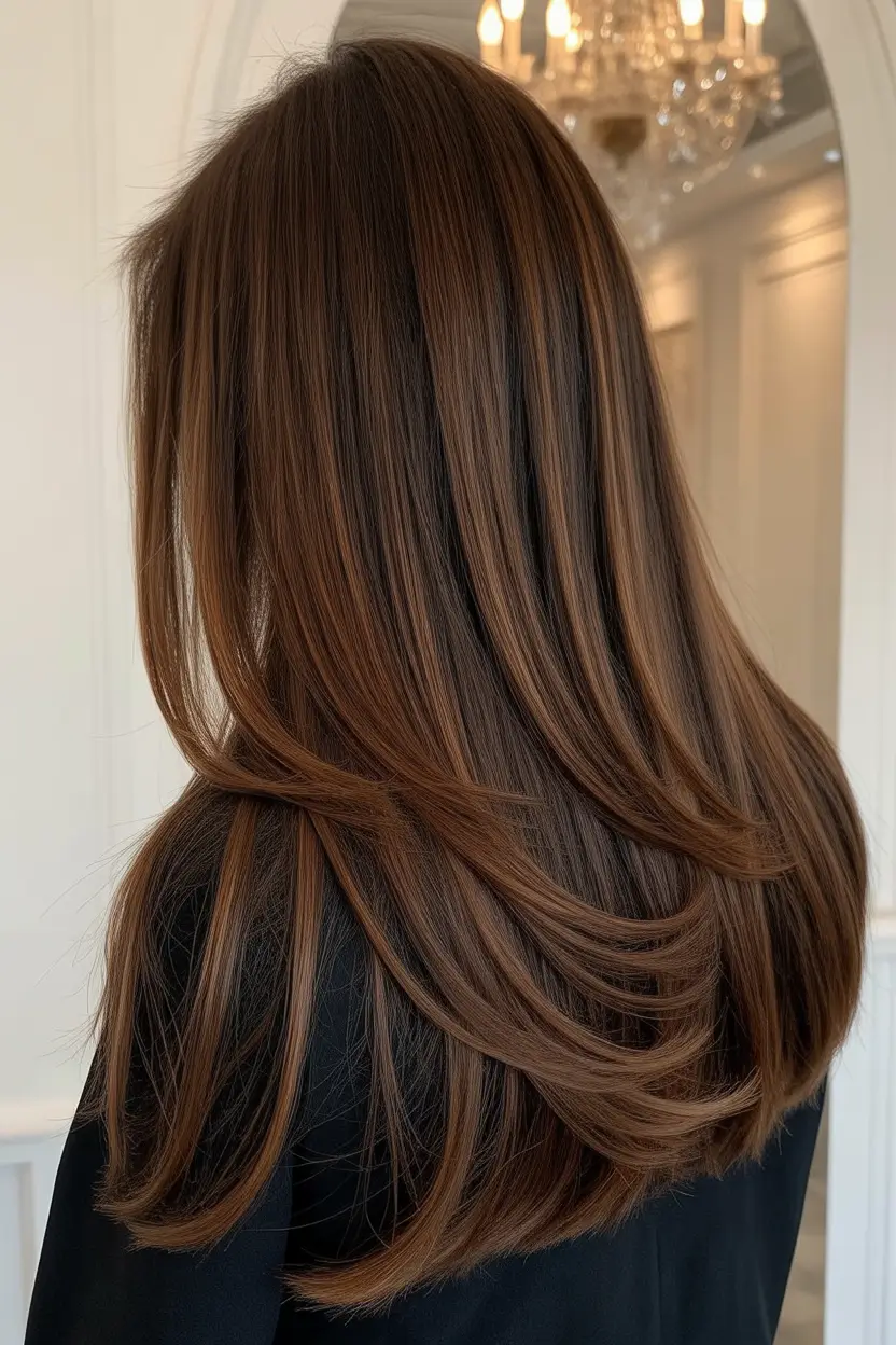 vibrant spring brunette hair color 2026 Sleek layered brunette with subtle warm definition