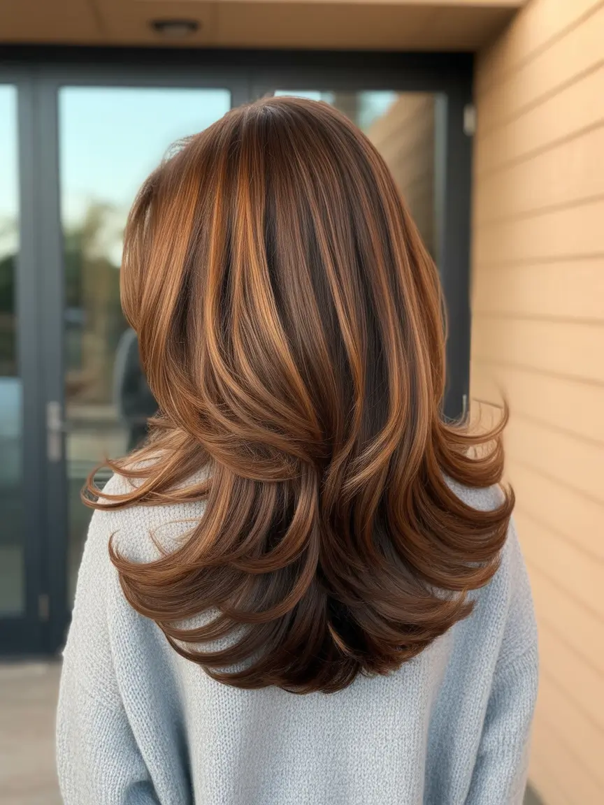 vibrant spring brunette hair color 2026 Warm layered brunette with luminous golden movement