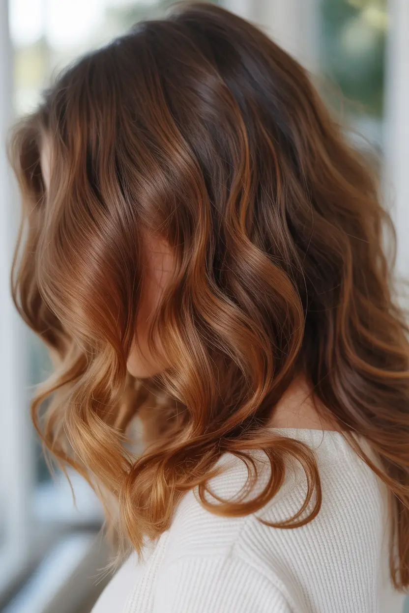 vibrant spring brunette hair color 2026 Bronze brunette waves with soft copper glow